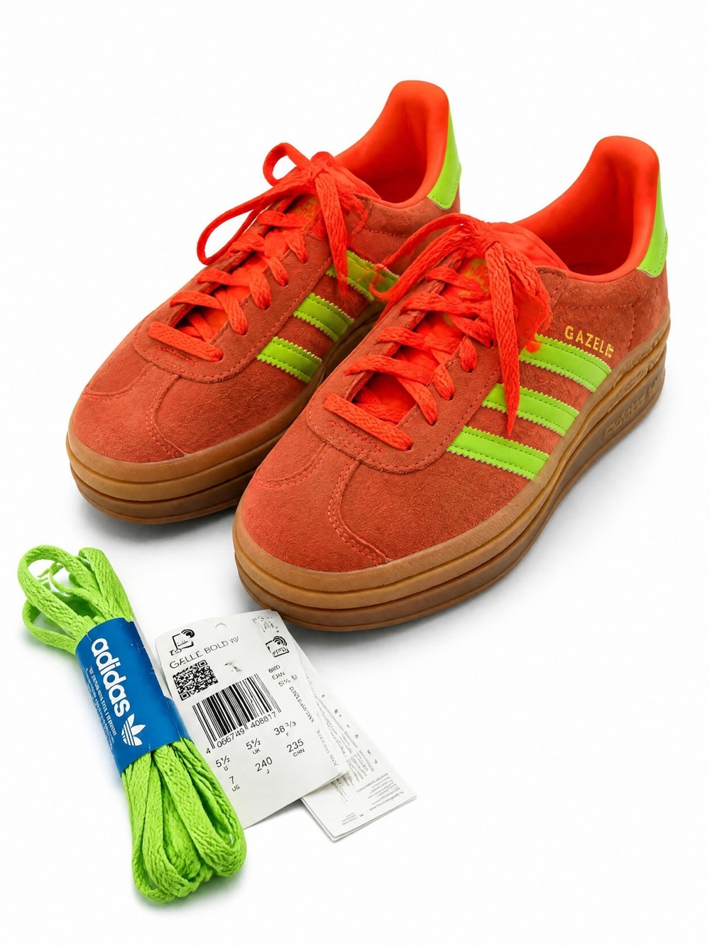 adidas Gazelle Women's Orange Suede Sneakers with Neon Green Stripes